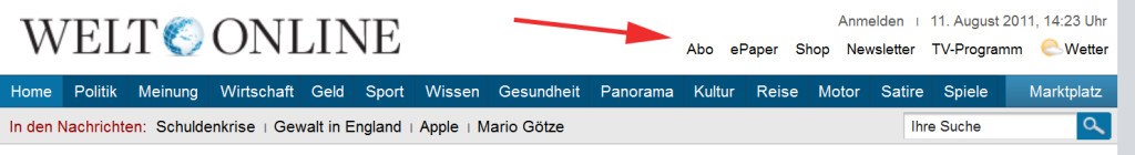 Screenshot der welt.de-Navigation, 11.08.2011
