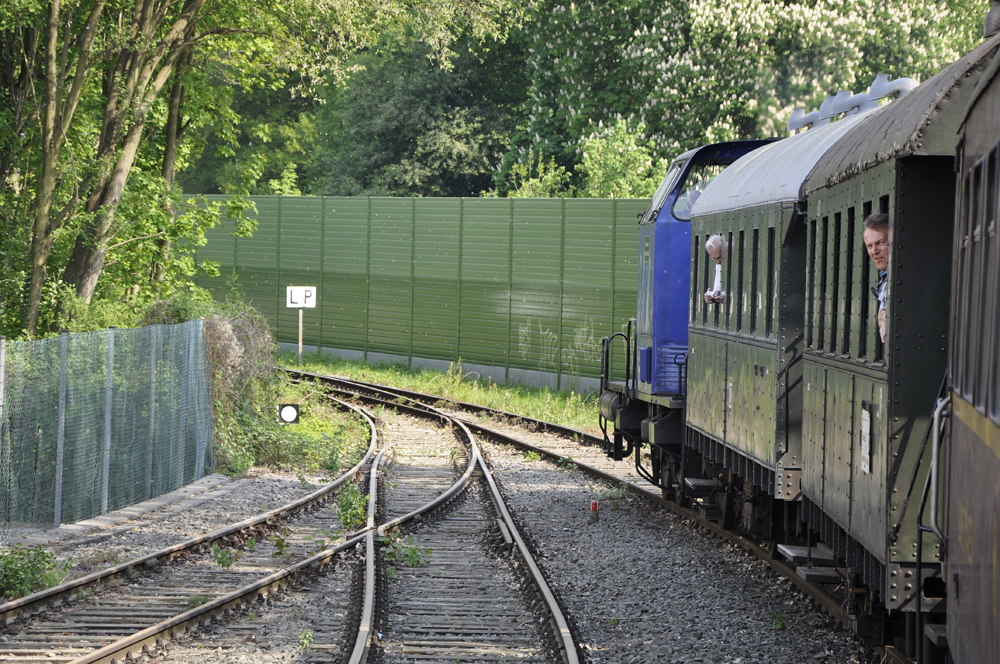 Sonderzug biegt in eine Kurve ein. Links die Wagongs und eine blau farbene Diesellock, rechts zwei Gleise die in einer Weiche auf ein Gleis übergehen.
