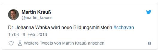 Screenshot: Tweet von @martin_krauss zur neuen Bildungsministerin Johanna Wanka