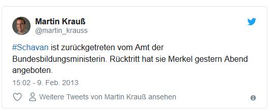 Screenshot: Tweet von @martin_krauss zum Rücktritt von Ministerin Schavan